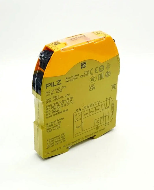 Pilz 750103 PNOZ s3 safety relay, 24VDC, 2 n/o, sealed, original packaging, yellow color, side view showing technical details.