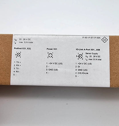Packaging of ifm AL1103 IO-Link Master Feldbus SL PN 8P IP69K showing technical specifications and compliance details.