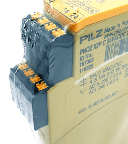 Pilz 787303 PNOZ X2P C safety relay 24VAC/DC, 2 n/o outputs, 1/2-channel setup, cross-fault detection, compact design.