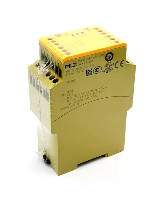 Pilz 774730 PNOZ X4 safety relay device, 24VDC, 3n/o 1n/c outputs, for emergency stop and safety gate monitoring, screw terminals shown.