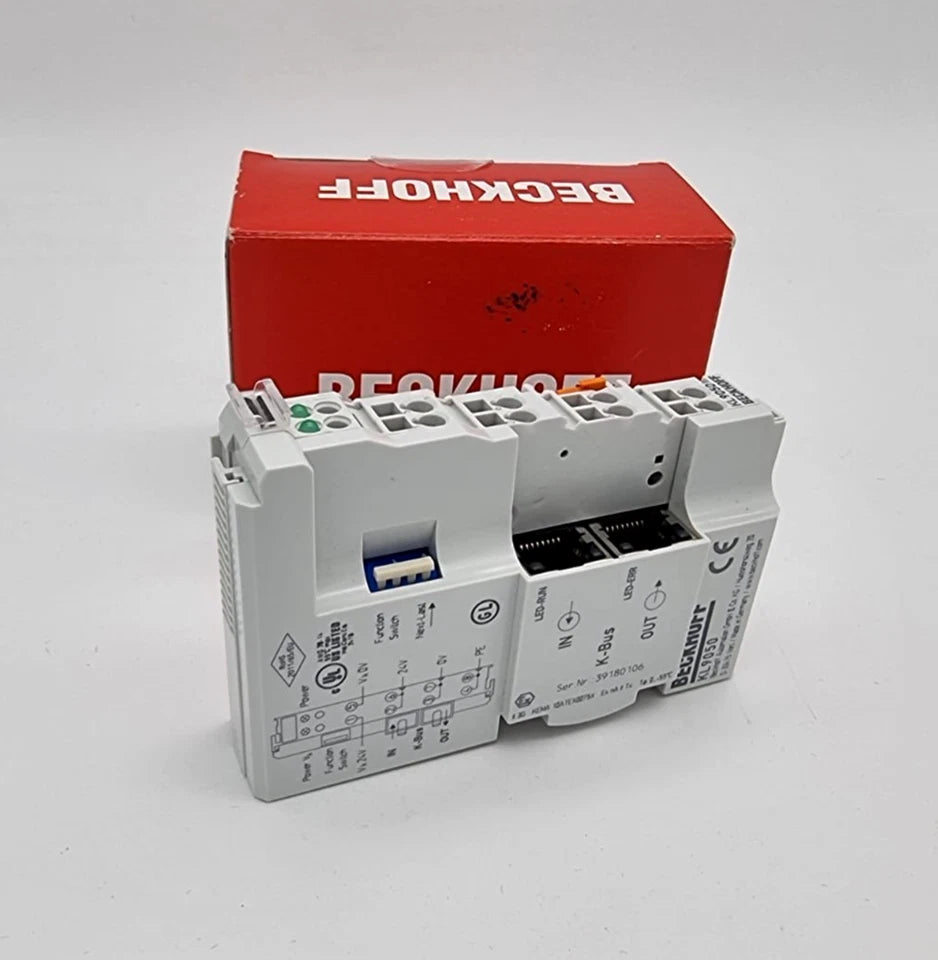 Beckhoff KL9050-0000 Klemmenbusverlängerungs-Kopplerklemme vor roter Verpackung, original verpackt und neu