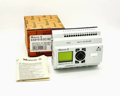 Eaton Moeller EASY619-DC-RC compact control relay with LCD and packaging, 24V DC, 12 digital inputs, 6 relay outputs.