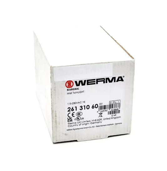 Werma 26131060 Midi TwinLight Signal Tower packaging, 85x130mm, 115-230VAC, yellow, IP66, EvoSIGNAL series.