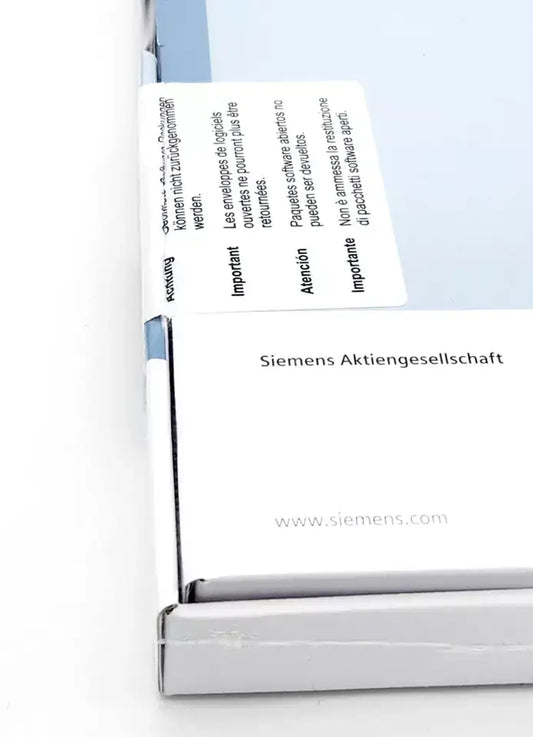 Sealed Siemens product box with caution label and website URL.