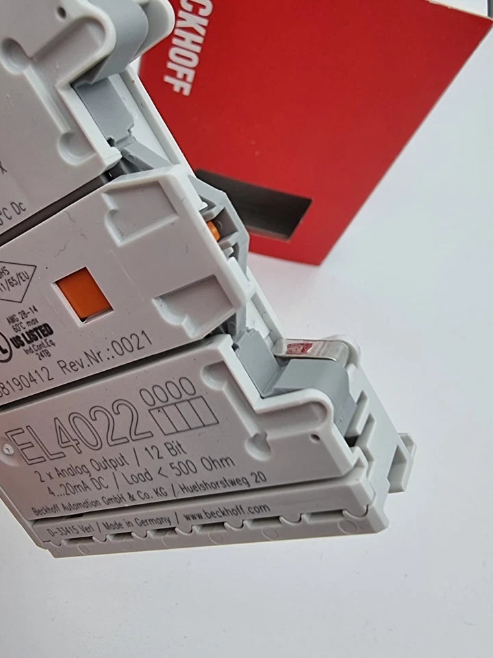 Beckhoff EL4022 EtherCAT-Klemme 2-Kanal-Analog-Ausgang Strom 4…20 mA, neu und originalverpackt, Ansicht der Anschlüsse.