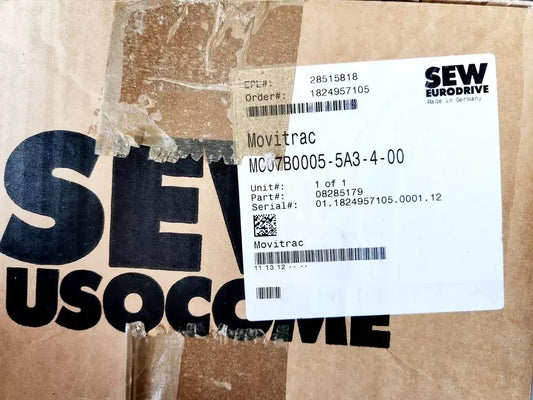 SEW Movitrac MC07B0005-5A3-4-00 packaging with product labels and specifications.