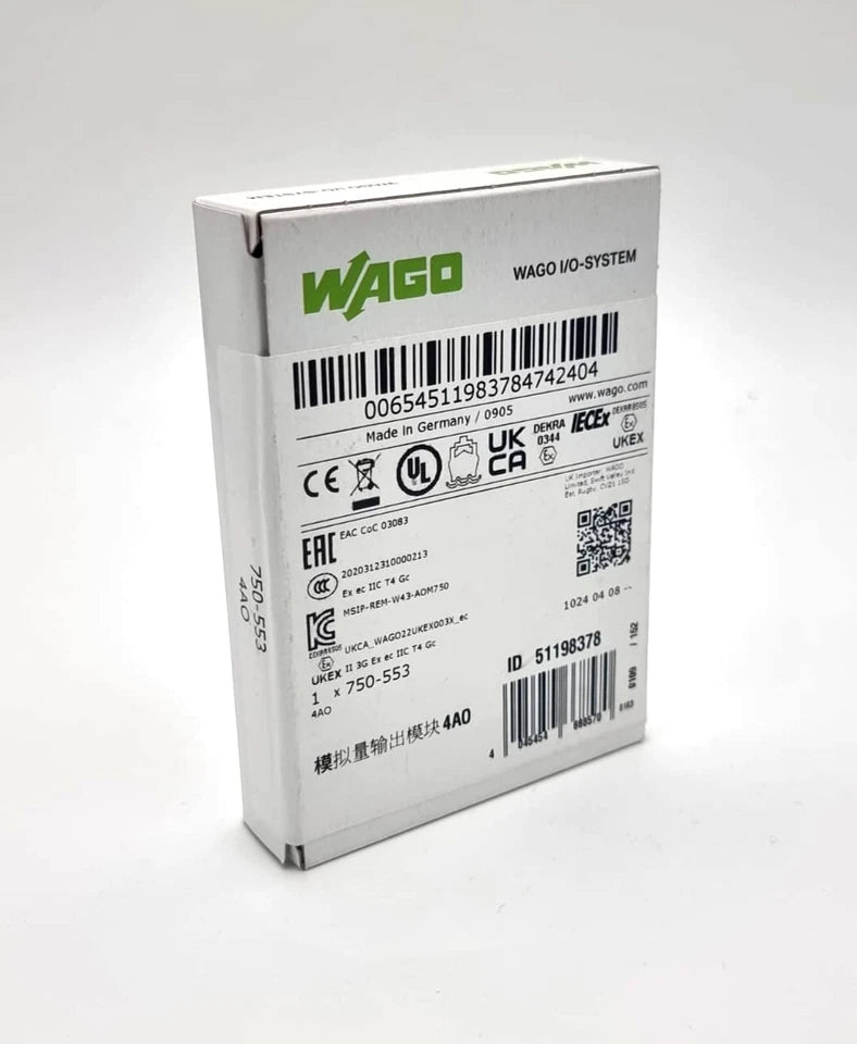Wago 750-553 I/O System 4-Kanal-Analogausgang 0 … 20 mA | sealed packaging with product labels and specifications.