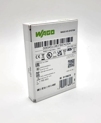 Wago 750-553 I/O System 4-Kanal-Analogausgang 0 … 20 mA | sealed packaging with product labels and specifications.