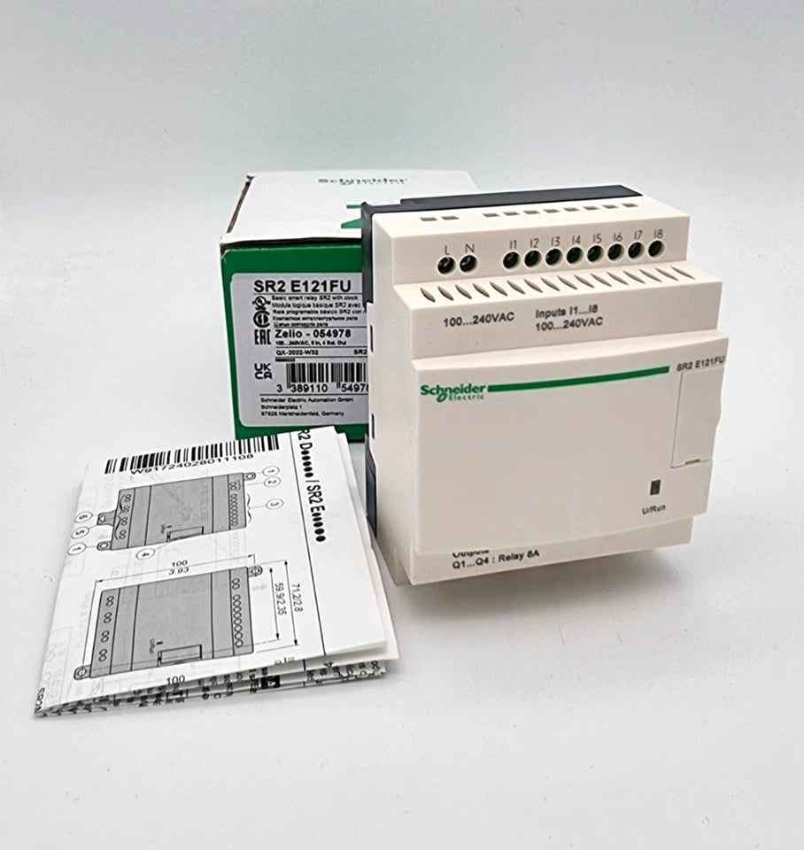 Schneider Electric SRE121FU 10 E/A 100 bis 240 VAC SPS-Steuerrelais with packaging and manual, new and original condition shown.