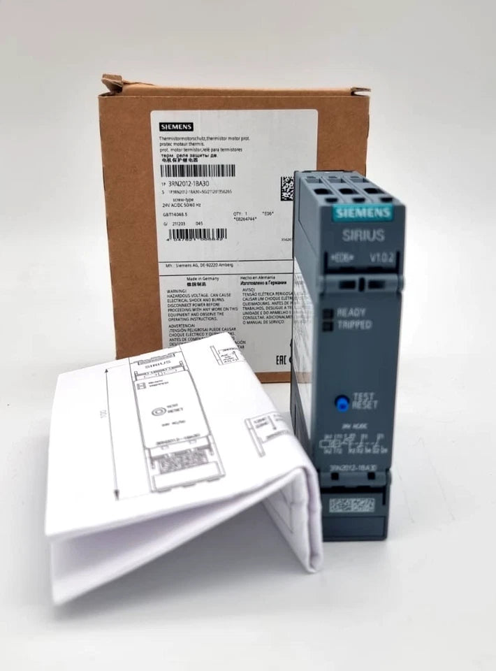 Siemens 3RN2012-1BA30 Thermistor-Motorschutzrelais 2 Wechsler Us = AC/DC 24 V with packaging and manual.