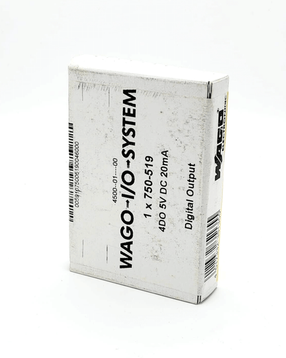 Packaging of Wago 750-519 4-channel digital output module, DC 5V, 20mA, displayed from an angled view.