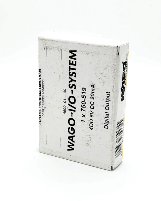 Packaging of Wago 750-519 4-channel digital output module, DC 5V, 20mA, displayed from an angled view.