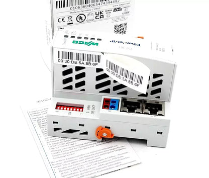 Wago 750-363 Feldbuskoppler EtherNet/IP 4. Generation ECO with ports and labels, showcasing connectivity features.