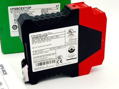 Schneider Electric Preventa XPSBCE3710P safety relay, 230V AC, featuring 2 safety contacts and 1 signaling contact, in packaging.