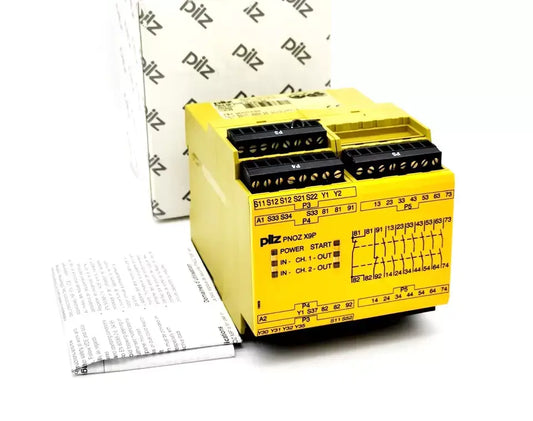Pilz 777609 PNOZ X9P safety relay 24VDC with 7NO, 2NC, and 2SO outputs in yellow casing and labeled wiring diagram.