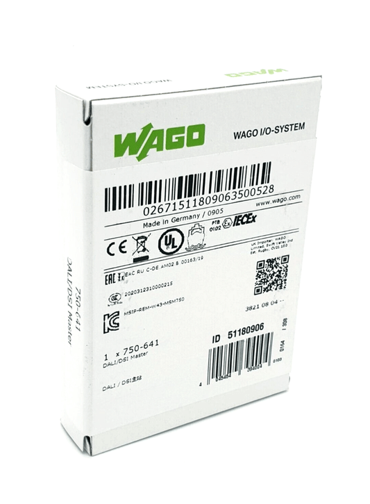 Wago 750-641 DALI-/DSI-Master module packaging box showcasing product details and compliance certifications.