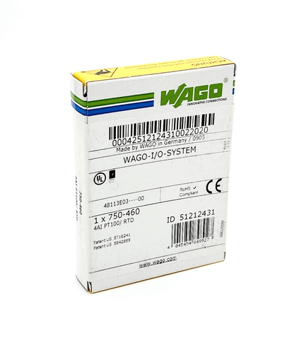 Wago 750-460 4-Channel Analog Input Module for Resistance Sensors Pt100/RTD in packaging.