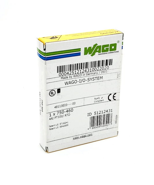 Wago 750-460 4-Channel Analog Input Module for Resistance Sensors Pt100/RTD in packaging.