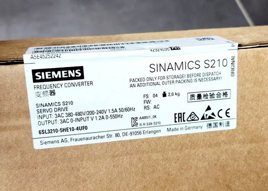 Label on Siemens SINAMICS S210 frequency converter packaging showing technical specifications and model number 6SL3210-5HE10-4UF0.