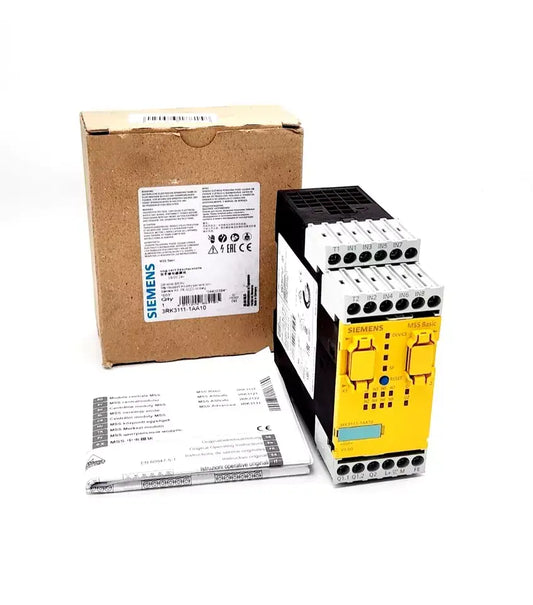 Siemens 3RK3111-1AA10 SIRIUS Zentralmodul 3RK3 with packaging and manual, featuring 4/8 F-DI and 1 F-RO outputs, DC 24V supply