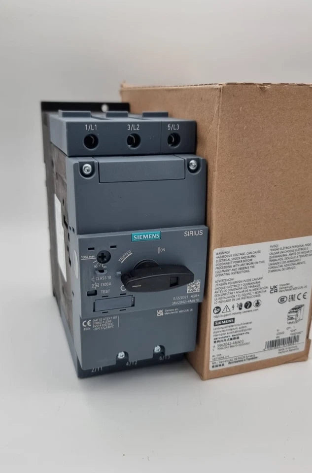 Siemens 3RV2042-4MA10 Leistungsschalter S3 100A in original packaging, showcasing motor protection features, 80-100A, 100kA