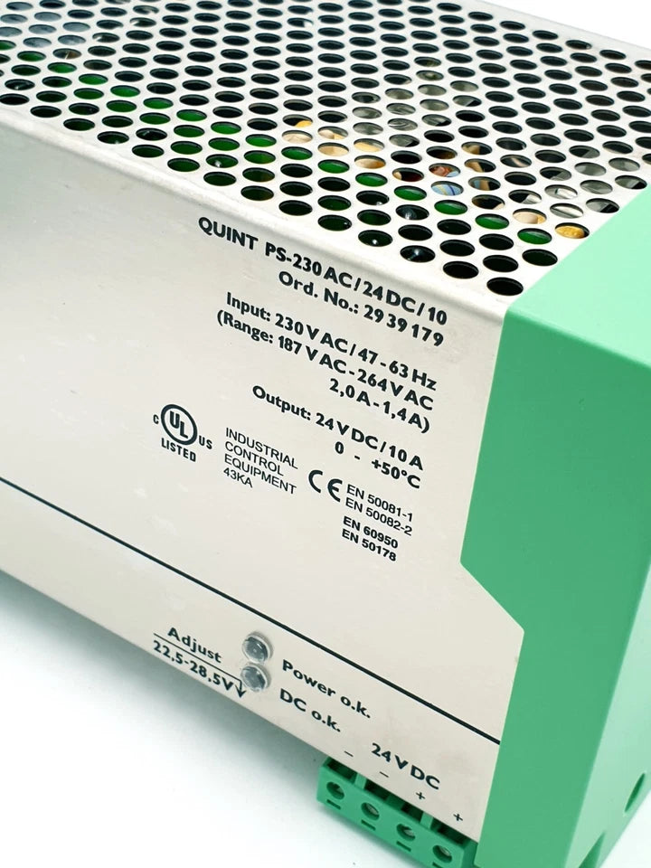 Phoenix Contact 2939179 Stromversorgung QUINT-PS-230AC/24DC/10 Schaltnetzteil showing input and output specifications.