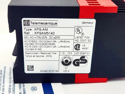 Telemecanique XPSAM5140 safety relay detail showing model information and certifications.