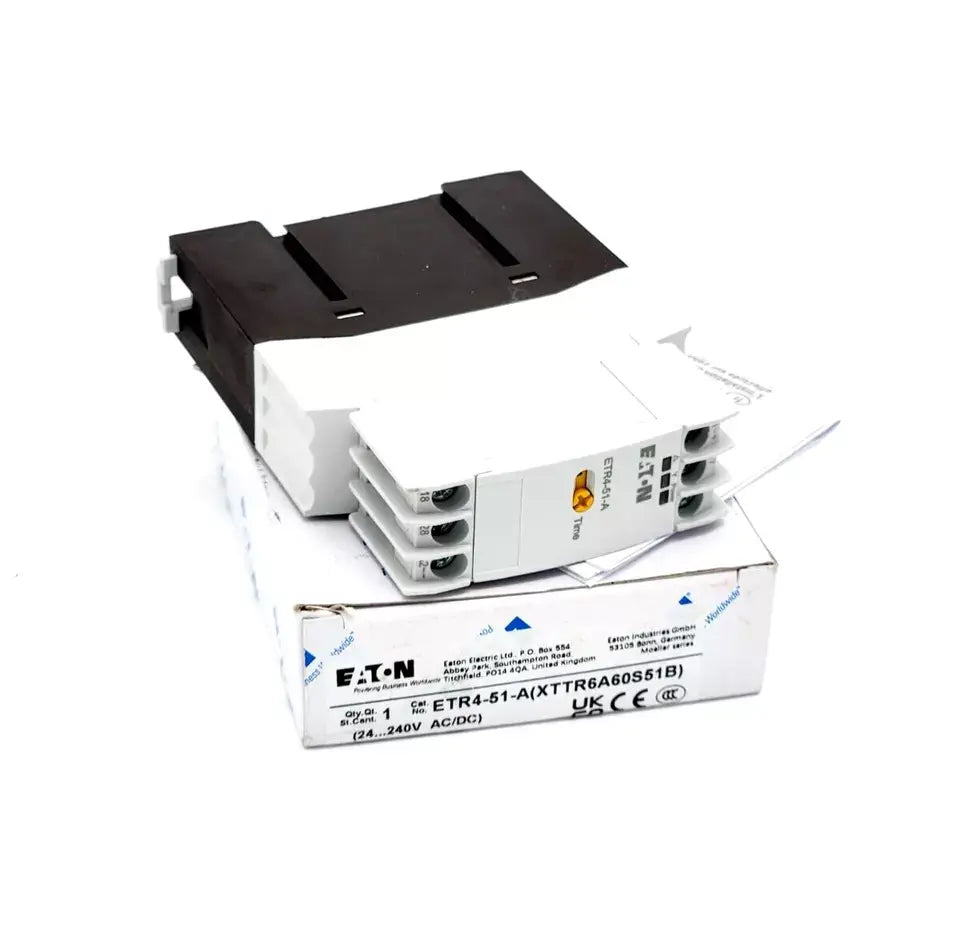 Eaton Moeller 031884 ETR4-51-A timing relay on packaging, featuring star-delta function, 50 ms delay, 24-240V AC/DC operation.