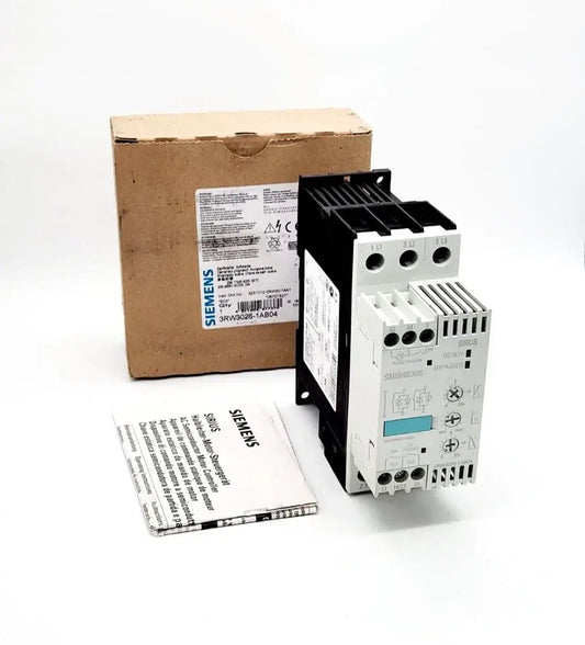 Siemens SIRIUS 3RW3026-1AB04 soft starter S0, 25A, 11kW, 400V AC with packaging and manual.