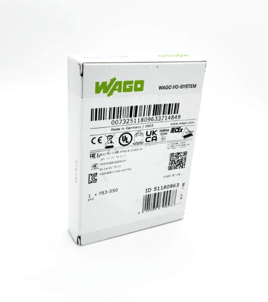 Wago 753-550 2-Kanal-Analogausgang DC 0-10V packaging with specifications and barcodes