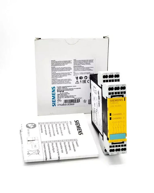 Siemens 3TK2830-2CB30 safety relay device with packaging and manual, ideal for emergency stop and protective door applications.