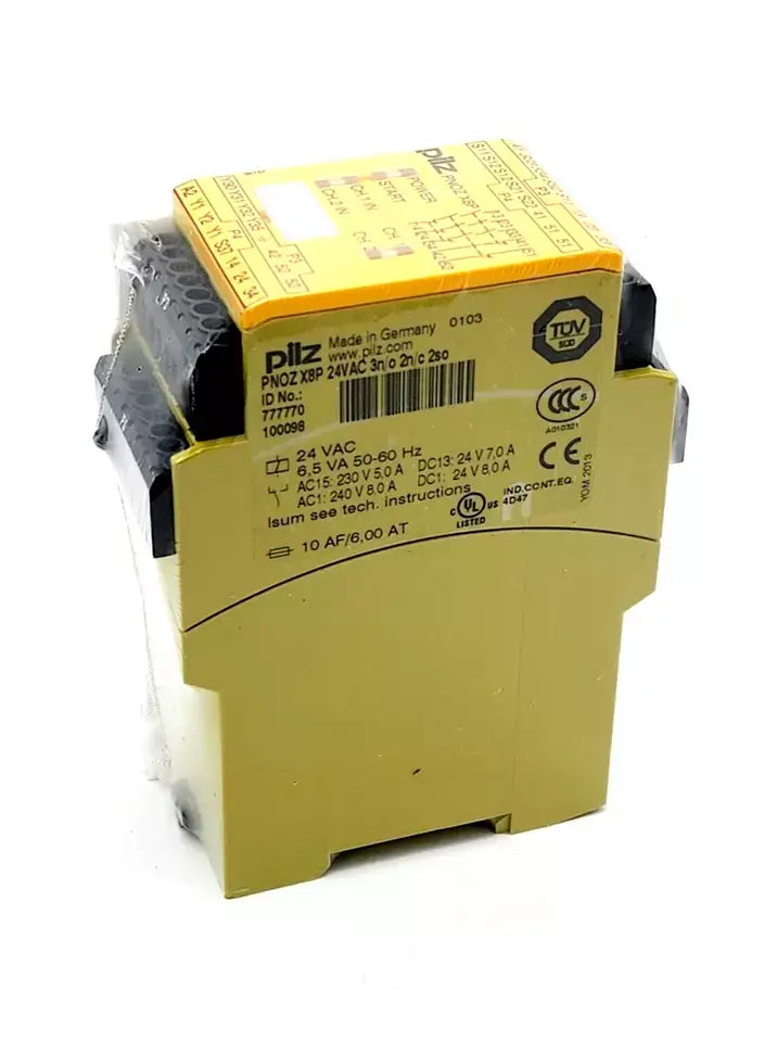 Pilz 777770 PNOZ X8P safety relay, 24VAC, featuring 3N/O, 2N/C outputs for emergency stop and safety gate monitoring.