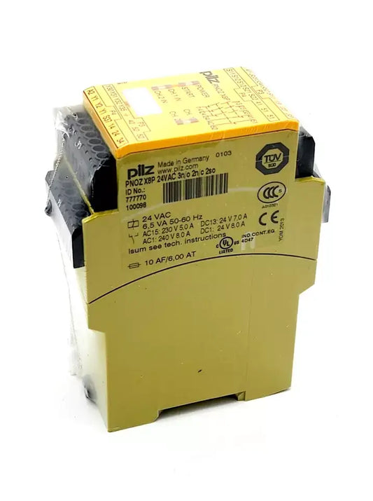 Pilz 777770 PNOZ X8P safety relay, 24VAC, featuring 3N/O, 2N/C outputs for emergency stop and safety gate monitoring.