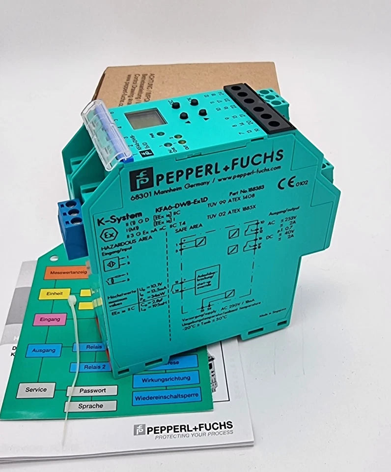 Pepperl+Fuchs 188383 KFA6-DWB-EX1.D Drehzahlwächter on display with technical specifications sheet.