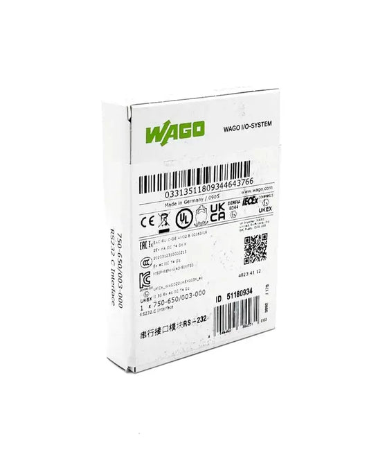 Packaging of Wago 750-650/003-000 Serial Interface RS-232 C, showcasing barcode and certification labels.