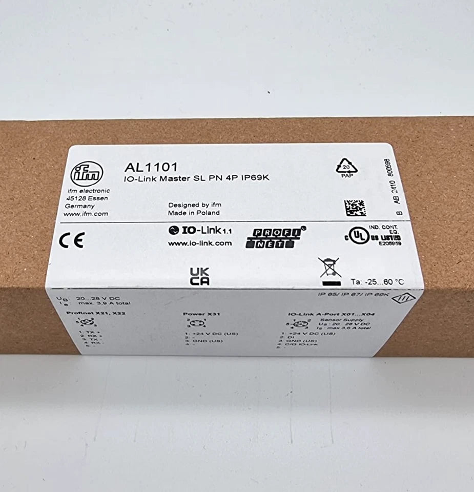 ifm AL1101 IO-Link Master PROFINET-Schnittstelle SL PN 4P IP69K Packaging Box with Label and Technical Specifications