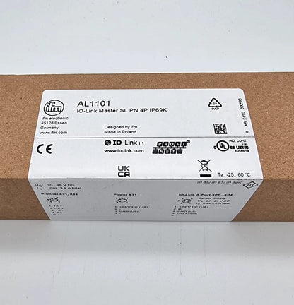ifm AL1101 IO-Link Master PROFINET-Schnittstelle SL PN 4P IP69K Packaging Box with Label and Technical Specifications