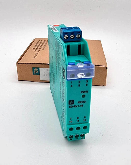 Pepperl+Fuchs 72044 KFD2-SD-Ex1.48 Ventilsteuerbaustein in originalverpacktem Zustand neben Verpackungskarton.