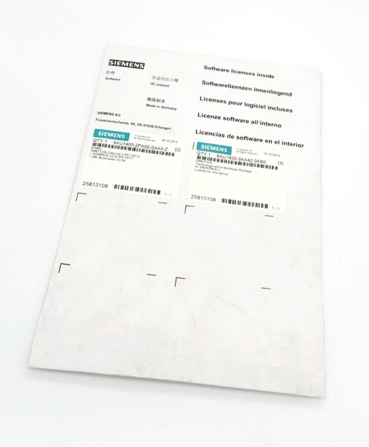 Siemens software license document with multiple languages on a white surface