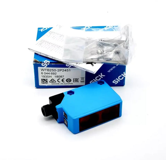 Sick 6044692 KOMPAKT-LICHTSCHRANKEN WTB250-2P2451 photo with packaging and installation guide.