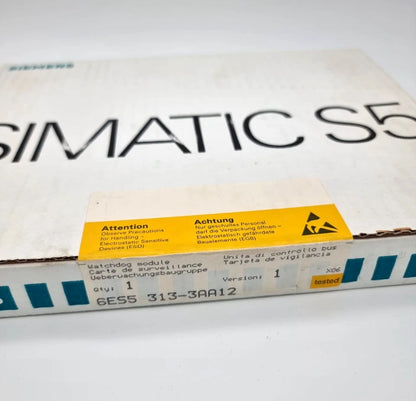 Sealed box of Siemens 6ES5313-3AA12 SIMATIC S5 Busüberwachungsbaugruppe 313 with visible labels and warnings.