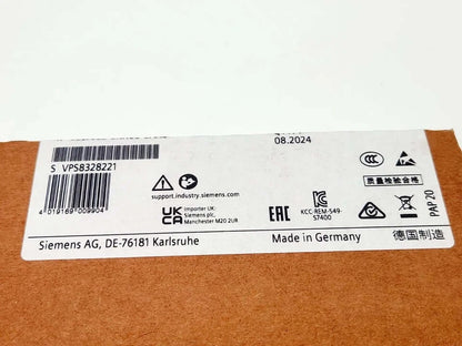 Siemens product label with barcodes and manufacturing details, Made in Germany, brown packaging.