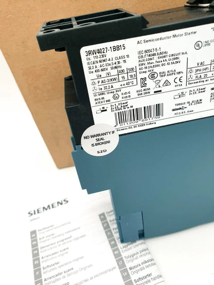 Siemens 3RW4027-1BB15 Sanftstarter 32A 110–230 V AC, soft starter with original packaging visible in the image.
