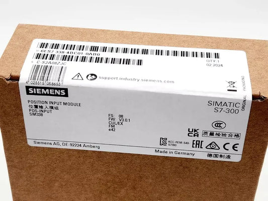 Box of Siemens 6ES7338-4BC01-0AB0 Simatic S7-300 Position Input Module with product label and specifications.