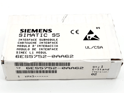 Siemens 6ES5752-0AA62 SIMATIC S5 interface module box for CPU 928B, new and sealed, model details visible on package.
