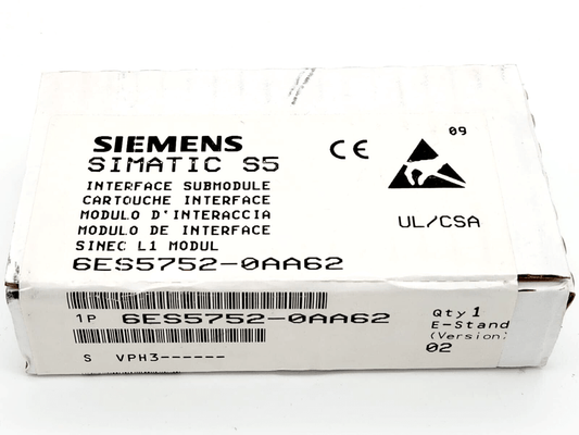 Siemens 6ES5752-0AA62 SIMATIC S5 interface module box for CPU 928B, new and sealed, model details visible on package.