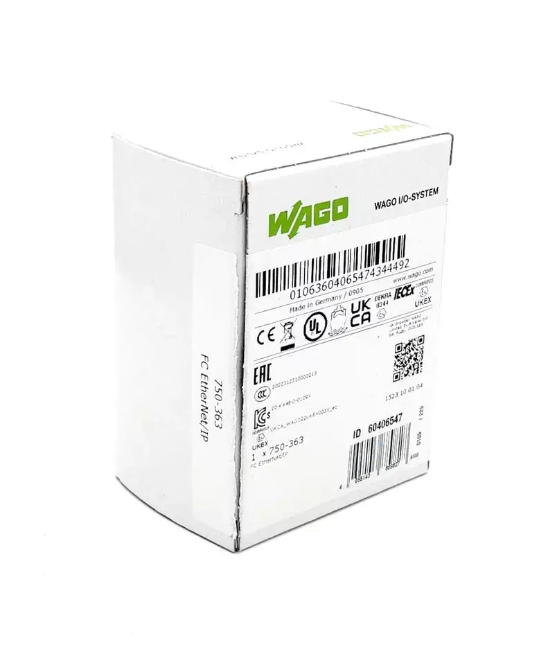 Wago 750-363 Feldbuskoppler EtherNet/IP 4th Gen ECO packaging, featuring communication protocols and certification labels.