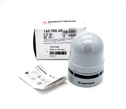 Werma 16070060 Mini Sounder Dauer Puls 115-230VAC with packaging and manual, ideal for compact spaces, IP66 protection, 95 dB.