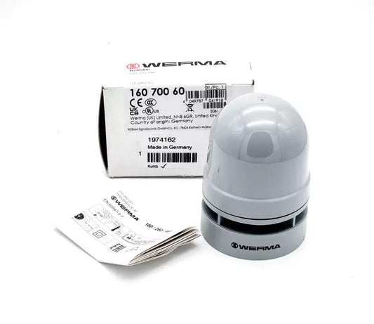 Werma 16070060 Mini Sounder Dauer Puls 115-230VAC with packaging and manual, ideal for compact spaces, IP66 protection, 95 dB.