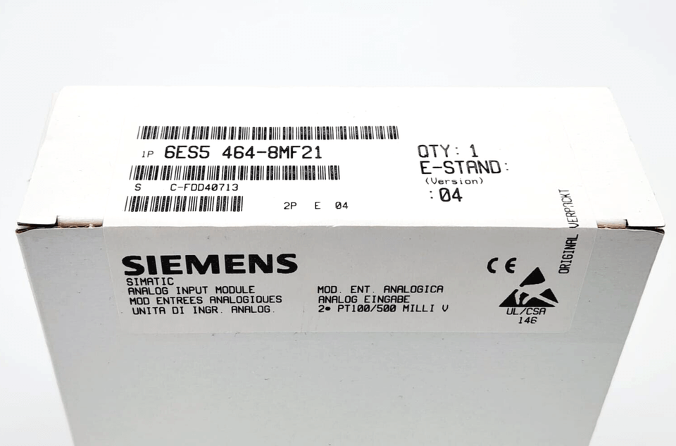 Box of Siemens 6ES5464-8MF21 SIMATIC S5 Analog Input Module with labeling and specifications visible.